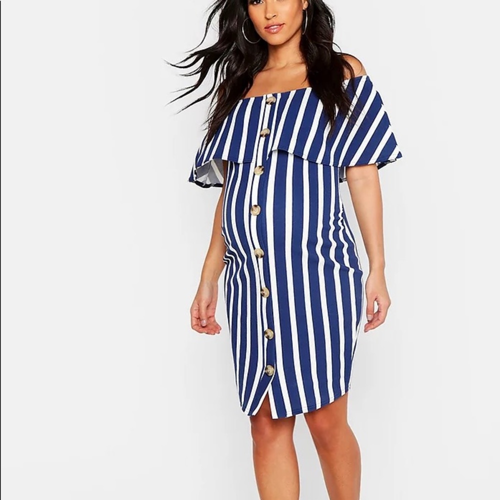 Maternity Bardot Stripe Button Bodycon Dress Navy